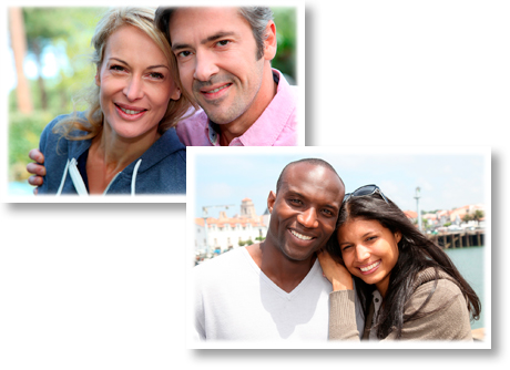 Two photos of couples smiling together 